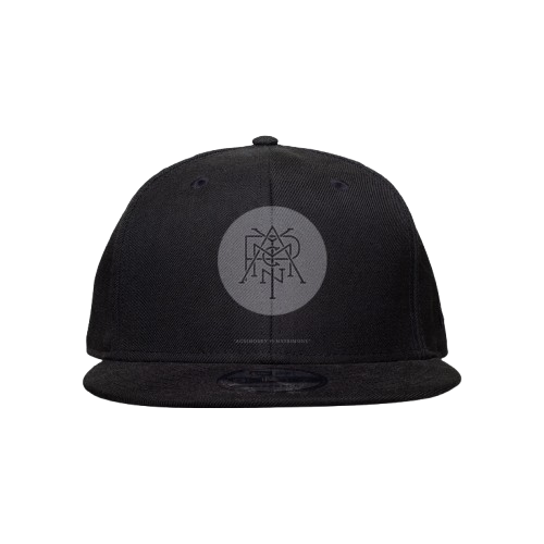 Black cap with a logo on a white background