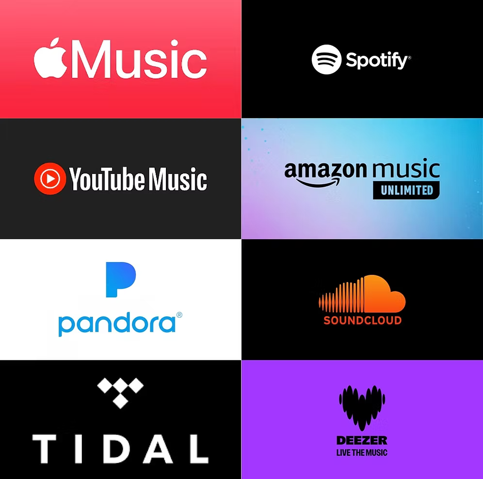 Grid of music streaming service logos including Apple Music, Spotify, YouTube Music, Amazon Music, Pandora, SoundCloud, Tidal, and Deezer.